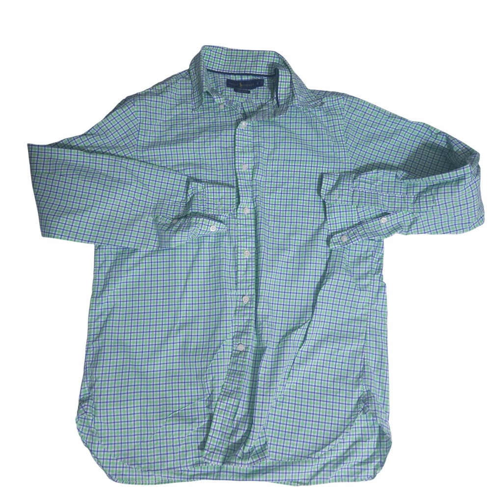 Ralph Lauren Mens Large Green Blue Gingham 140s 2-Ply Cotton Button Down Shirt